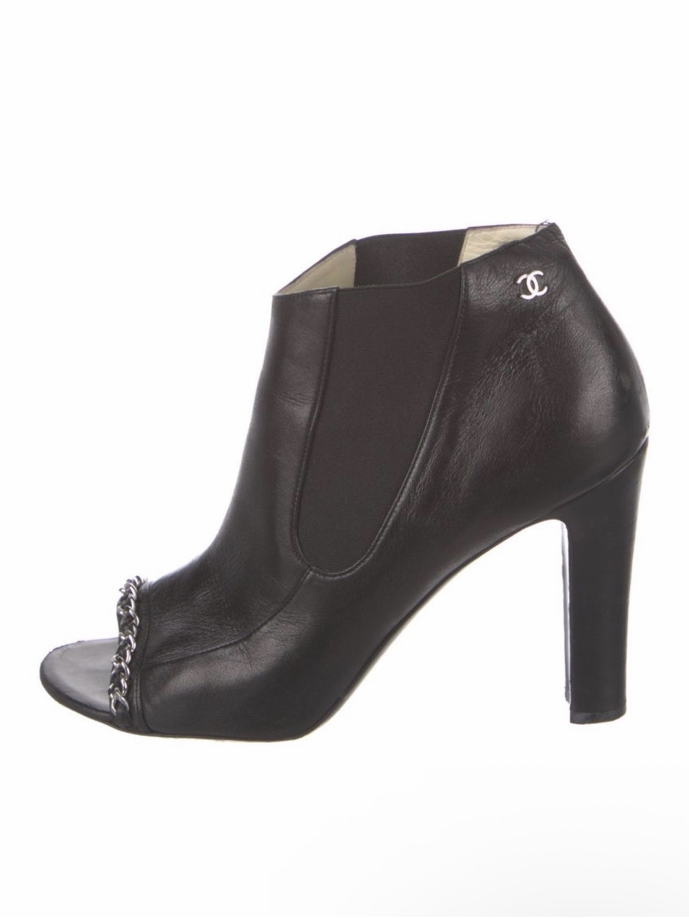 CHANEL Black Leather Peep-Toe Ankle Booties with Silver Chain Accent